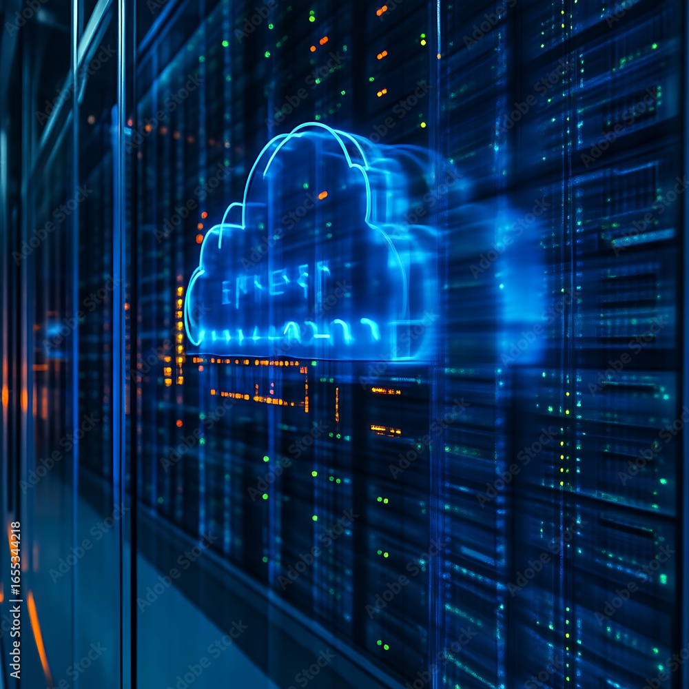 Obraz premium Illuminated cloud icon displayed against a server rack background.