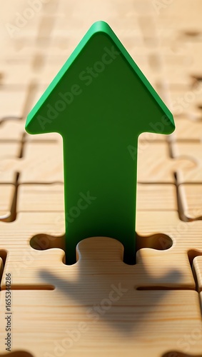 Green Arrow Showing Upward Progress on Wooden Puzzle Board