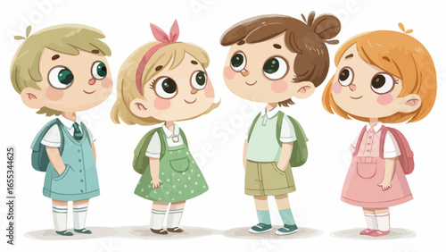 Stylized Cartoon Illustration of Four Diverse Children in School Uniforms Standing Together Representing Education Friendship and Childhood in a Vector Design