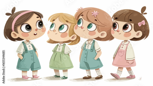 Stylized Cartoon Illustration of Four Children in School Uniforms A Vector Design Depicting Education Friendship and Childhood