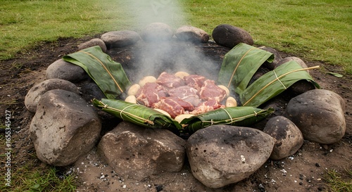 Sizzling Cookout: Witness the raw essence of a culinary ritual as food rests in a pit for roasting. with a ring of stones capturing the essence of primal cooking. 