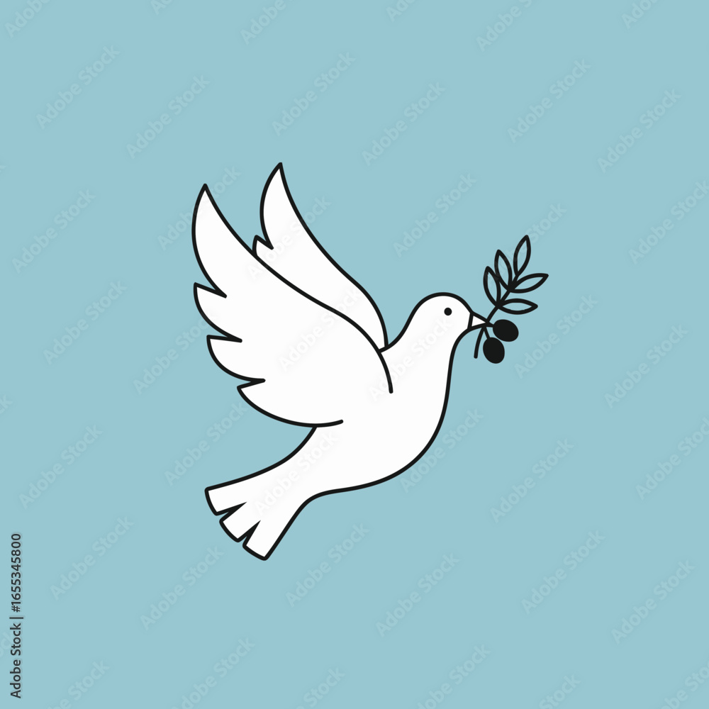 Fototapeta premium White dove with olive branch on a light blue background.