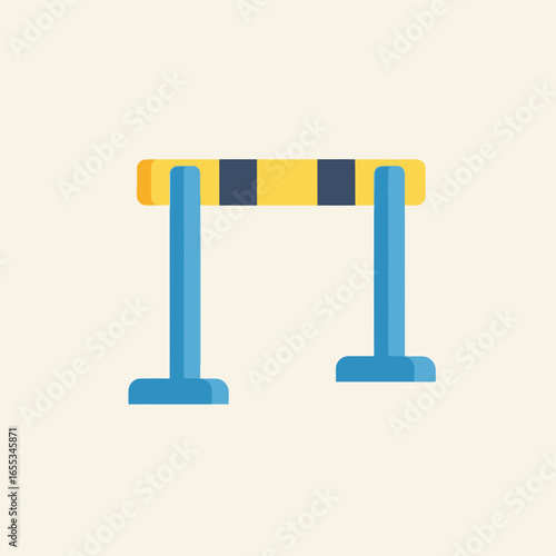 Simple illustration of a hurdle with yellow and black bar on blue supports.