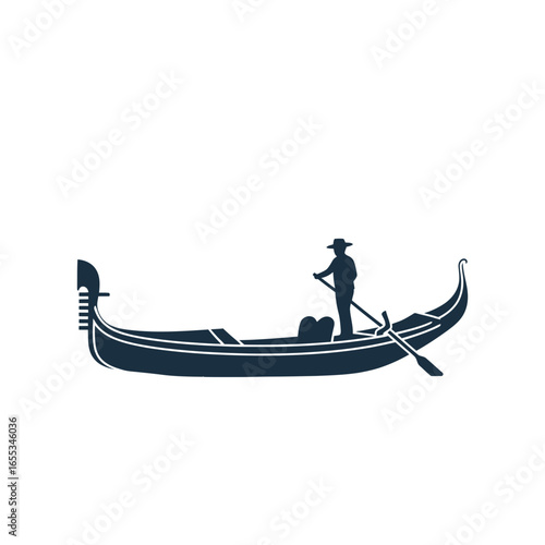 Silhouette of a person in a gondola boat with an oar.
