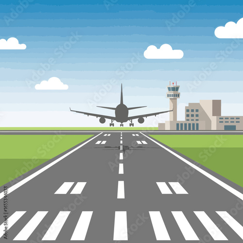 Airplane on runway approaching airport with control tower and buildings in background.