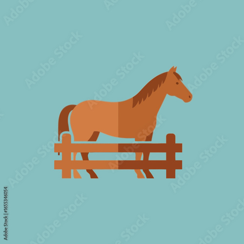 Flat vector illustration of a brown horse jumping over a wooden fence.