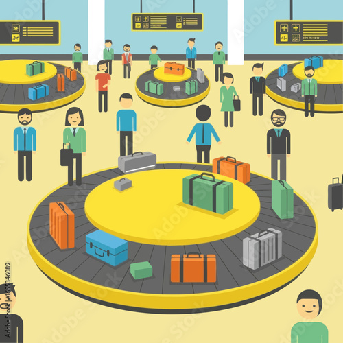 People wait for luggage at baggage claim with suitcases on conveyor belts.