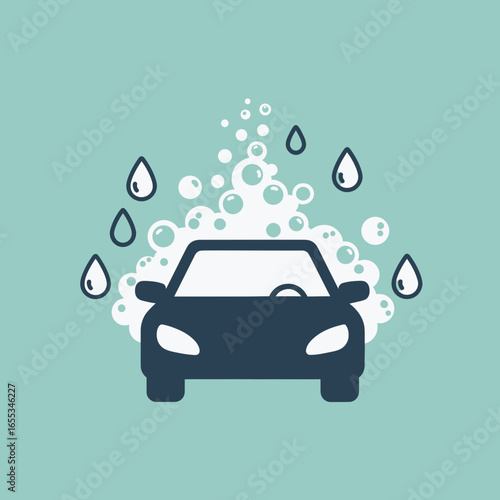 Car wash icon illustration with water drops and bubbles on a teal background.