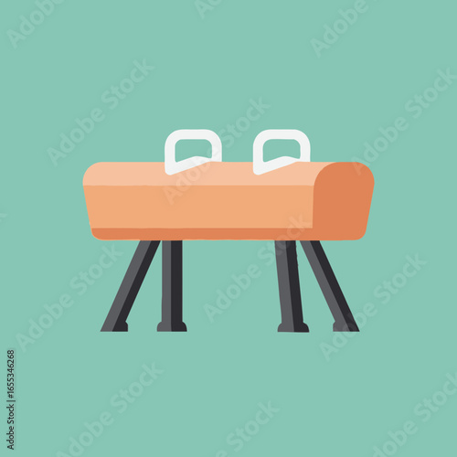 Illustration of a pommel horse on a teal background.