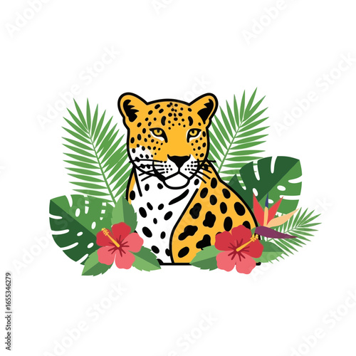 Cartoon jaguar illustration surrounded by tropical leaves and red flowers on white.