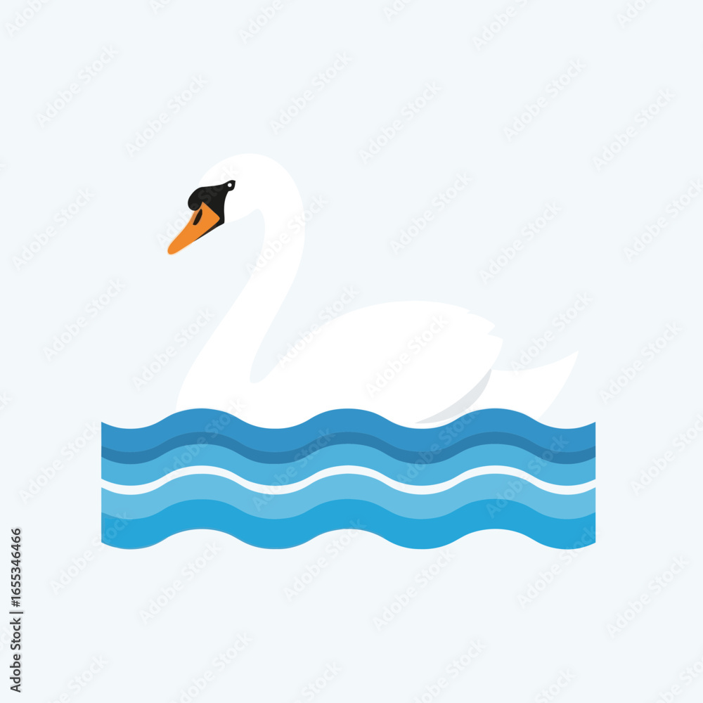 Fototapeta premium White swan swimming in blue water stylized flat vector illustration.