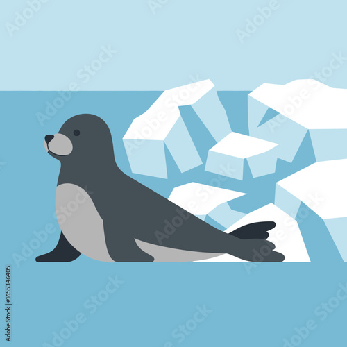 Cartoon seal on ice floe in blue water.