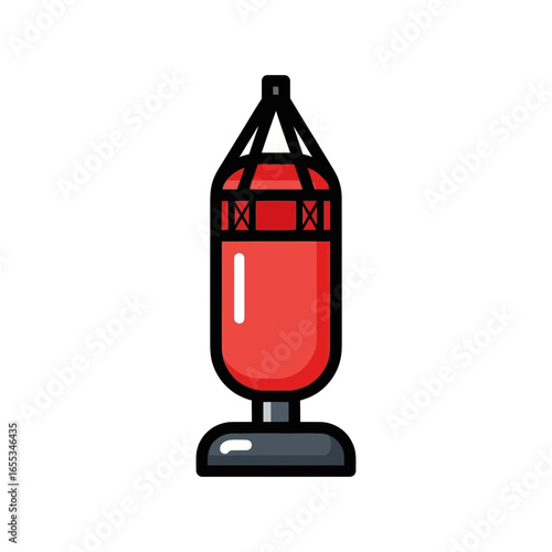 Red punching bag illustration with black outline and stand against white background.