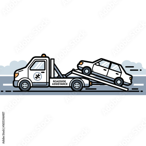 Tow truck transporting a car on a road in a monochrome illustration.