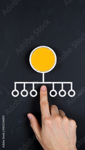 Hand pointing to organizational chart on blackboard