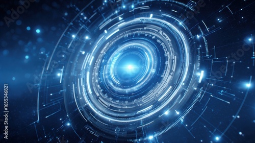 The concept of data security with quantum cryptography. A futuristic digital design featuring concentric circles and glowing blue elements, creating a sense of depth and technology.