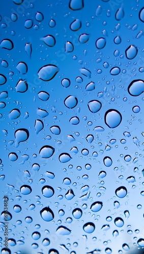 Crystal Clear Water Droplets on a Vibrant Blue Sky Background