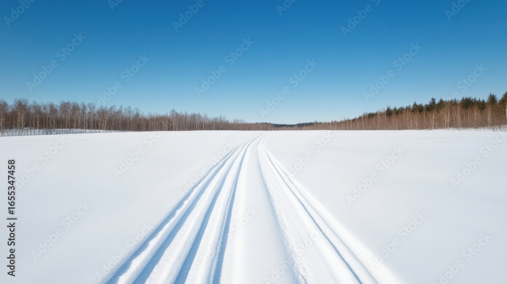 Fototapeta premium Cross country ski tracks are crossing a wide snowy field towards a forest of leafless trees under a clear blue sky