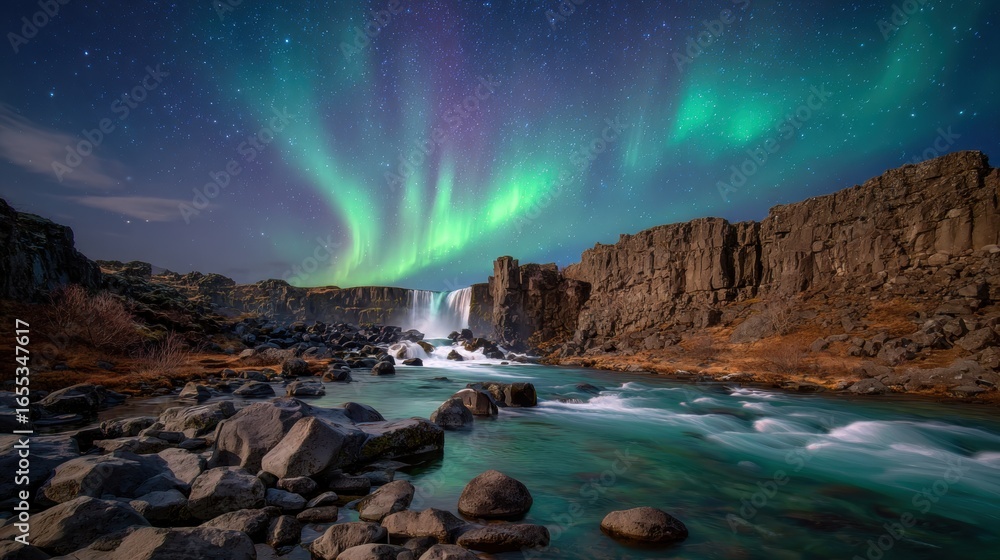 Naklejka premium Celestial Symphony: Witness the awe-inspiring dance of the Aurora Borealis above a cascading waterfall, set against a backdrop of rugged cliffs and a flowing river.