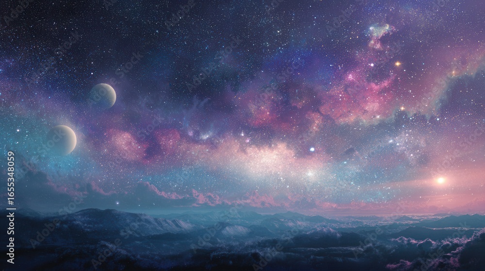 Fototapeta premium Celestial Vista: A breathtaking illustration captures the mesmerizing beauty of the cosmos, showcasing vibrant nebulae, twinkling stars, and the tranquil glow of distant planets.