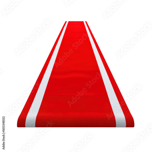 Red carpet with white stripes, isolated on transparent background, symbolizing luxury, celebration, and special event entrance, creating elegant and welcoming atmosphere
