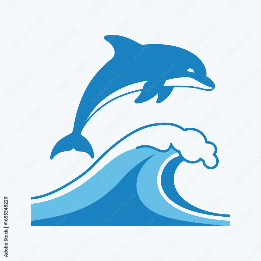 Fototapeta premium Blue dolphin jumping above a wave illustration on a white background.
