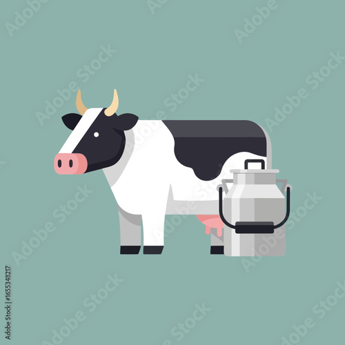 Cartoon illustration of a black and white cow with a milk can.