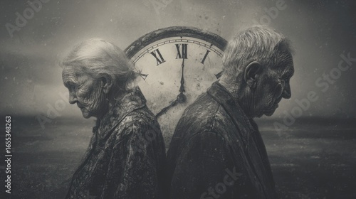 Black and white image of an old couple with the ticking clock at the background. Life end and time passing. Elderly man and woman at the end of their lifepath. Love, devotion and faithfulness concept