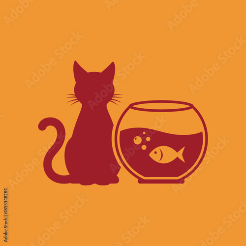 Silhouette of a cat and fishbowl with a fish on an orange background.