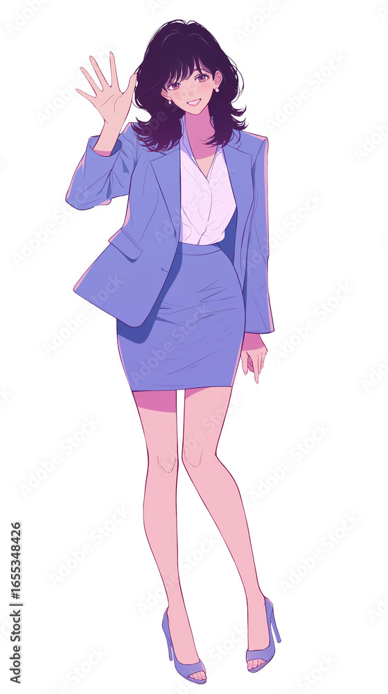 Fototapeta premium 清潔感のあるスーツを着用し、ビジネスシーンで活躍する女性を描いたアニメイラスト。キャリアウーマン、ビジネスウーマン、企業イメージ、働く女性、社会人、仕事、就職活動、広告や資料に幅広く使える抽象的で汎用性の高い背景素材。