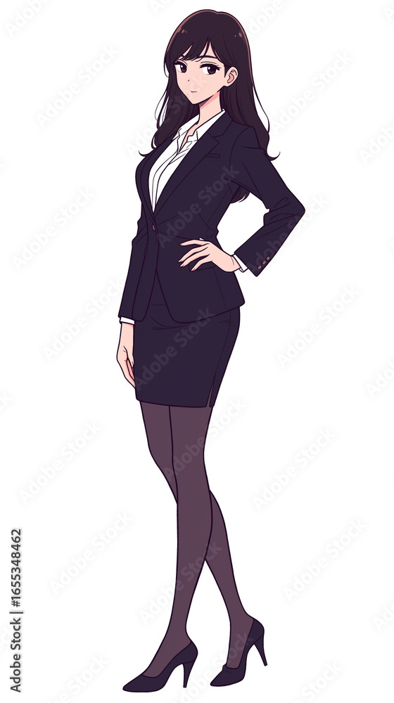Fototapeta premium スタイリッシュなスーツを身にまとい、知的で洗練された雰囲気を漂わせる女性を描いたイラスト。オフィスワーク、会議、仕事、キャリア、就職活動、ビジネスシーン、広告や資料に最適な抽象的表現のアニメ風イメージ素材。