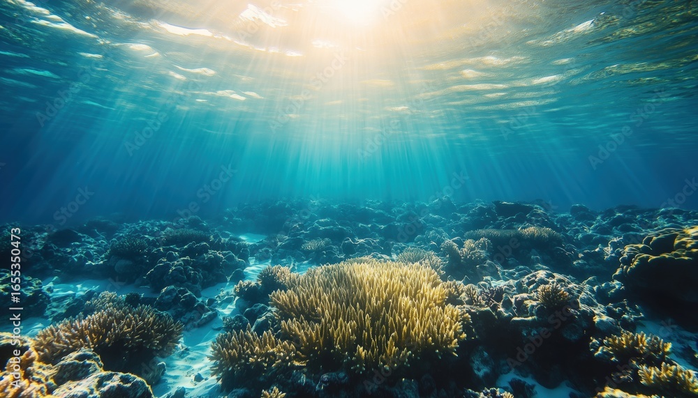 Fototapeta premium Exploring The Vibrant Underwater World Of The Maldives: Stunning Coral Reef, Crystal Clear Blue Water, And Thrilling Snorkeling Adventures Among Marine Wildlife.