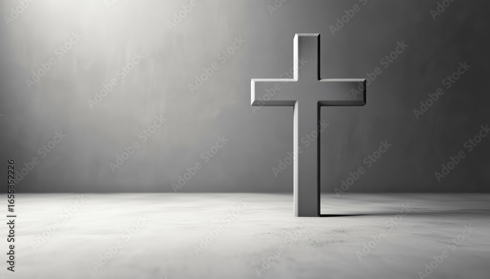 Naklejka premium Simple Gray Christian Cross On A Light Background: A Minimalistic Representation Of Christian Faith In Grayscale. Classic And Serene Design.