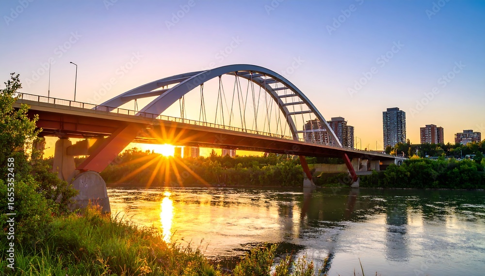 Fototapeta premium Sunrise over a modern arch bridge spanning a river