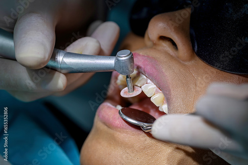 Schilderij op canvas Close-up of dentist polishing a tooth after filling procedure