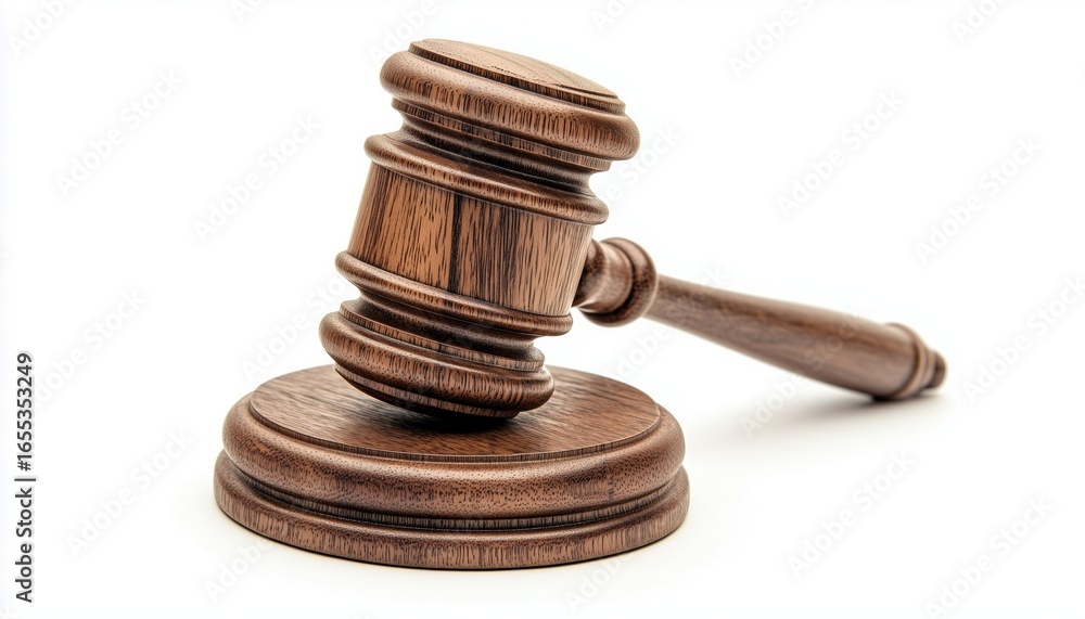 Wooden Judge'S Gavel Hammer For Adjudication On White Background With Stand - Symbolizing Law And Justice In Auctions. Wooden Judge'S Gavel Hammer For Adjudication On White Background With Stand - Symbolizing Law And Justice In Auctions.