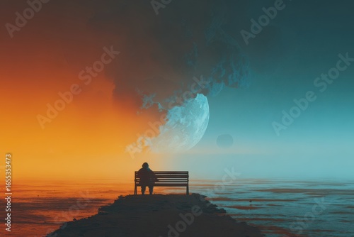 Wallpaper Mural A man dressed as an astronaut is sitting on a bench on Mars, looking at a large planet in the distance. Torontodigital.ca