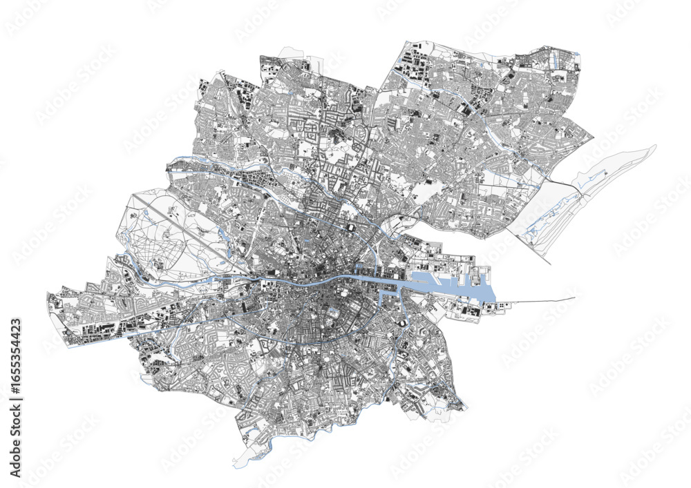 Obraz premium Vector city map of Dublin with highways, buildings, and waterways 