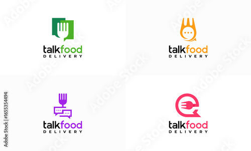 Set of Food Talk Logo template designs vector illustration, ordering food or chat bubbles with a fork