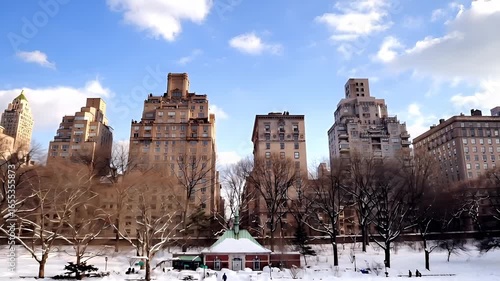 Central park. Manhattan, New York City. Aerial view of a cityscape during winter, with snowcovered trees and buildings in the foreground. The sky is clear with a few clouds.
