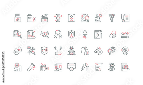 Clinical study, scientific research, side effects, drug safety and efficacy testing line icon set. Clinical trial process, medical ethics thin black and red outline symbols vector illustration