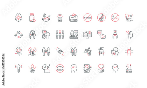 Stress relief, self management, mental support line icon set. Aromatherapy and pills, no alcohol and smoking, meditation and relax reduce stress thin black and red outline symbols vector illustration