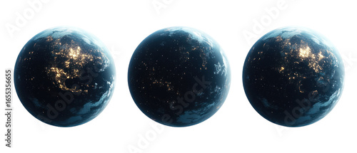 Fototapeta Naklejka Na Ścianę i Meble -  Pixelated Earth Globes Against Transparent Background Showcasing City Lights with Blue Hues and Stellar Details