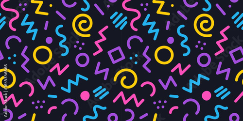 Seamless abstract geometric doodle pattern with vibrant retro Memphis design
