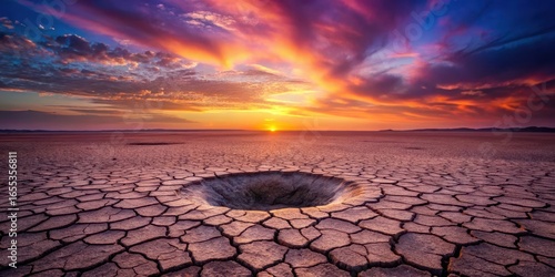Arid landscape at sunset, cracked earth with a sinkhole, vibrant sky colors