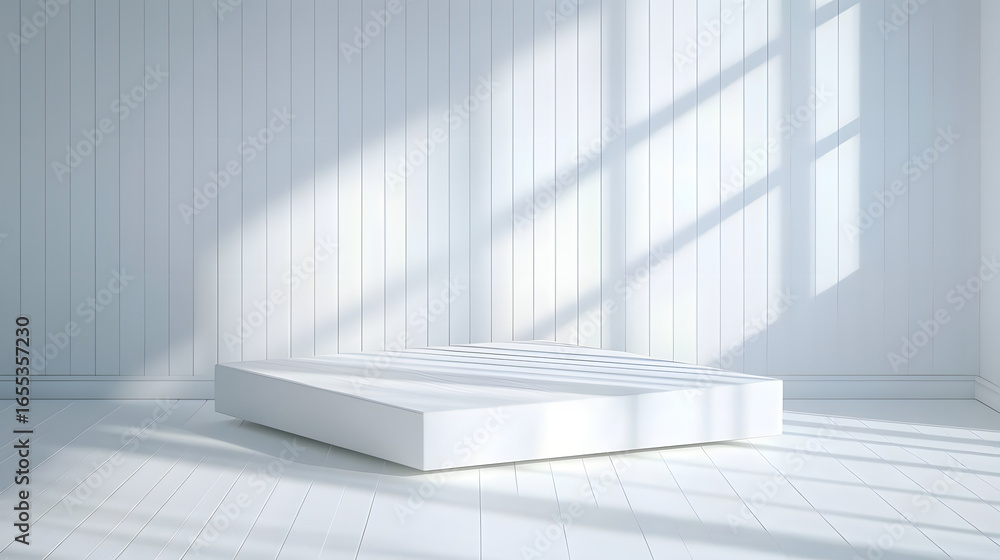 Obraz premium Minimalist white platform is showcased in bright, all white studio with reflective surfaces and soft shadows, creating serene and modern atmosphere