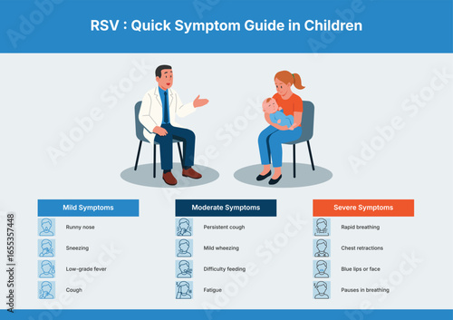 RSV quick symptom guide infographic for children, showing mild, moderate, and severe respiratory syncytial virus symptoms with doctor and parent, healthcare awareness. Flat vector illustration