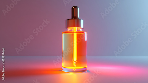 Wallpaper Mural High end facial oil bottle with dropper is illuminated by vibrant, colorful lighting, creating luxurious and elegant atmosphere. glass reflects warm hues beautifully Torontodigital.ca