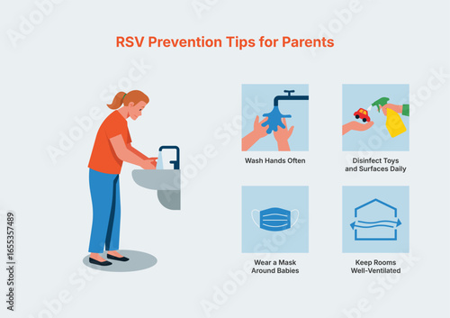 RSV prevention tips for parents infographic showing handwashing, disinfecting toys, wearing masks around babies, and keeping rooms well ventilated, healthcare awareness. Flat vector illustration