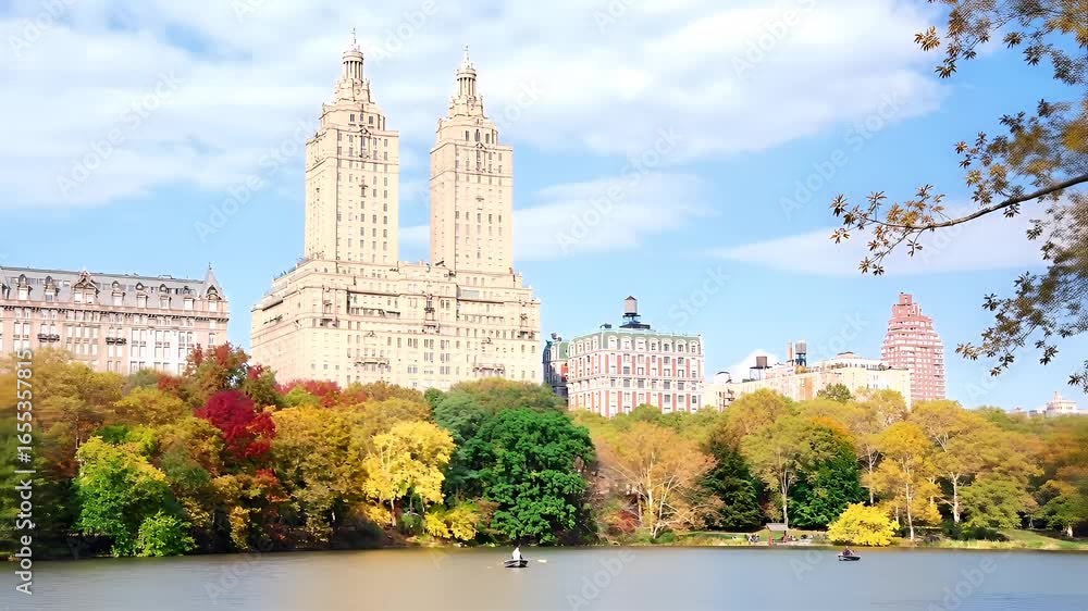 Central park. Manhattan, New York City. A vivid portrayal of a cityscape with a river and autumnal trees. The main subject is a large, ornate building with two tall spires. Central park. Manhattan, New York City. A vivid portrayal of a cityscape with a river and autumnal trees. The main subject is a large, ornate building with two tall spires.